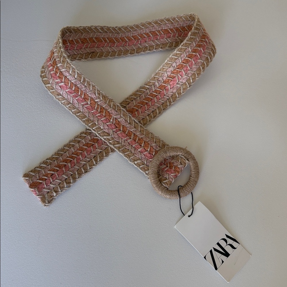 NWT Zara Woven Jute Belt in Natural Pink Multi Boho Casual Festival Size 34